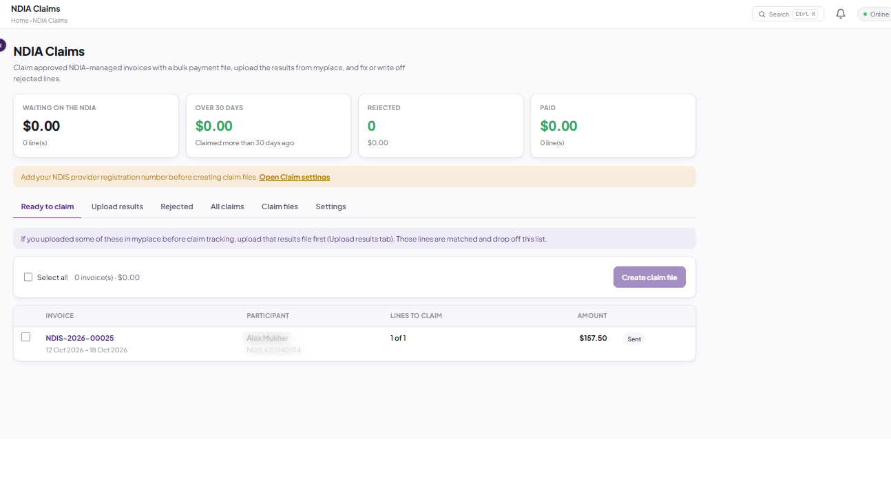 RaddeCare+ NDIA claims screen, participant details hidden