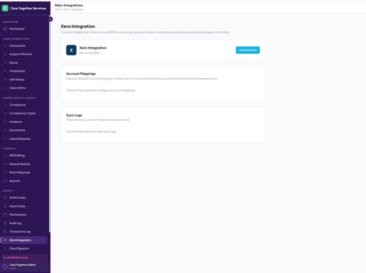 RaddeCare+ Xero integration sync